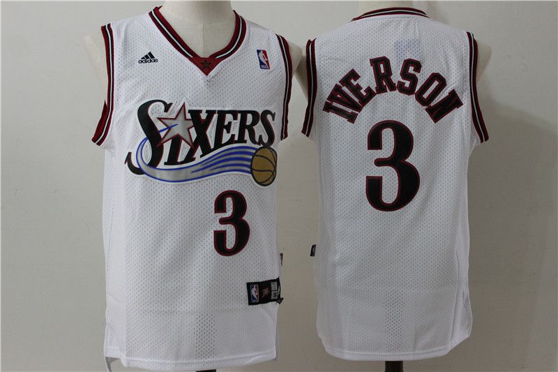 Men Philadelphia 76ers 3 Iverson White Throwback Adidas NBA Jersey